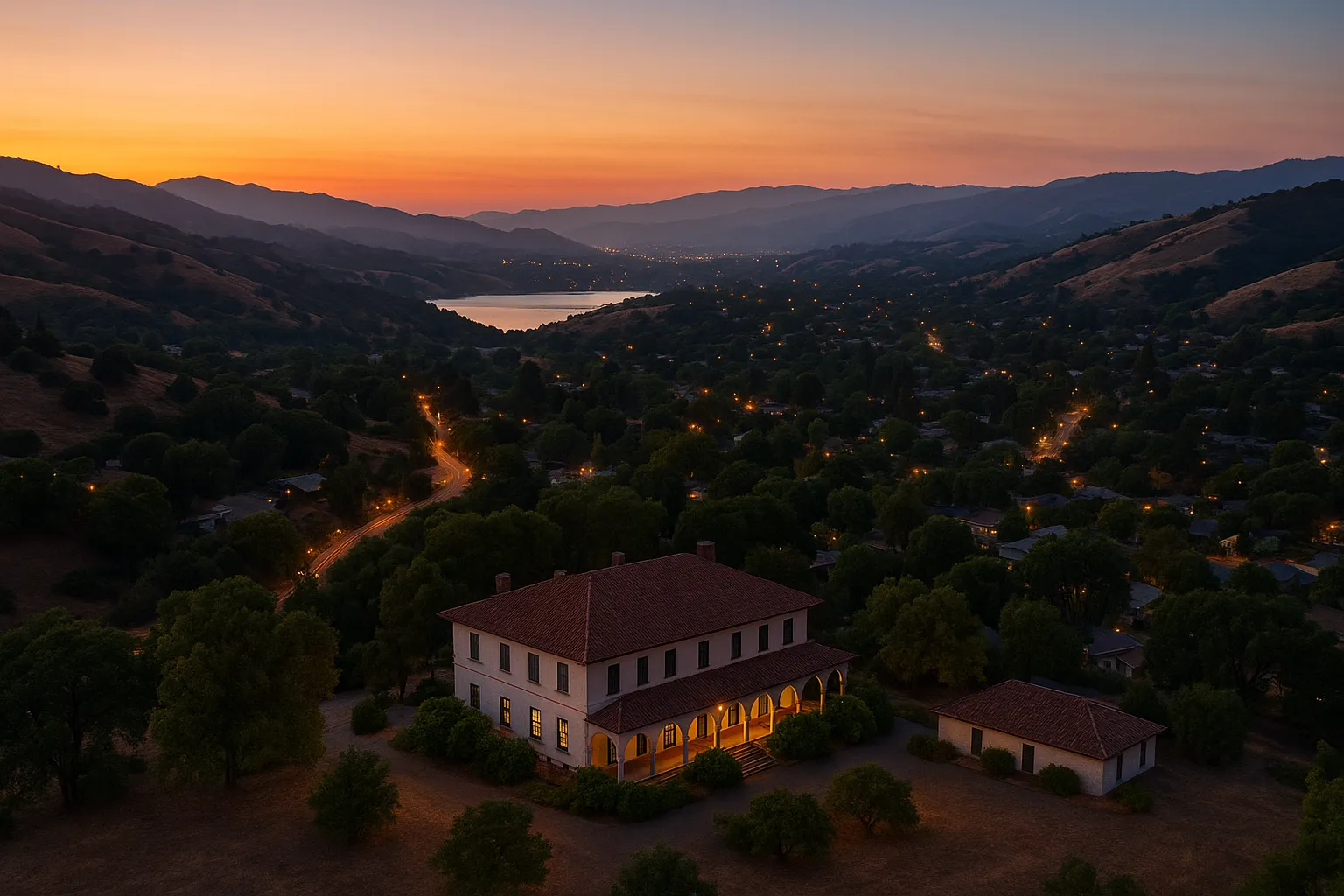 Aerial twilight view of Almaden Valley with the historic Casa Grande building in the foreground, winding Hicks Road lit by streetlights, the calm Guadalupe Reservoir reflecting the sunset, and rolling oak-dotted hills fading into warm golden-orange and soft blue sky.